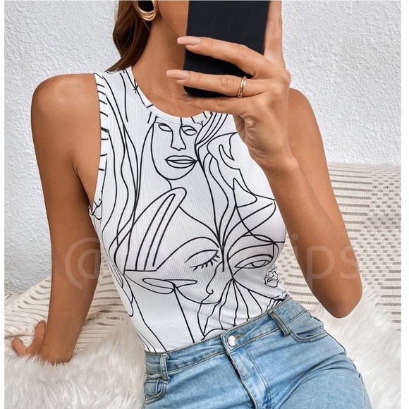 Rouge! Tops - Abstract Face Print White Sleeveless Bodysuit Slim Fit Ribbed Round Neck
